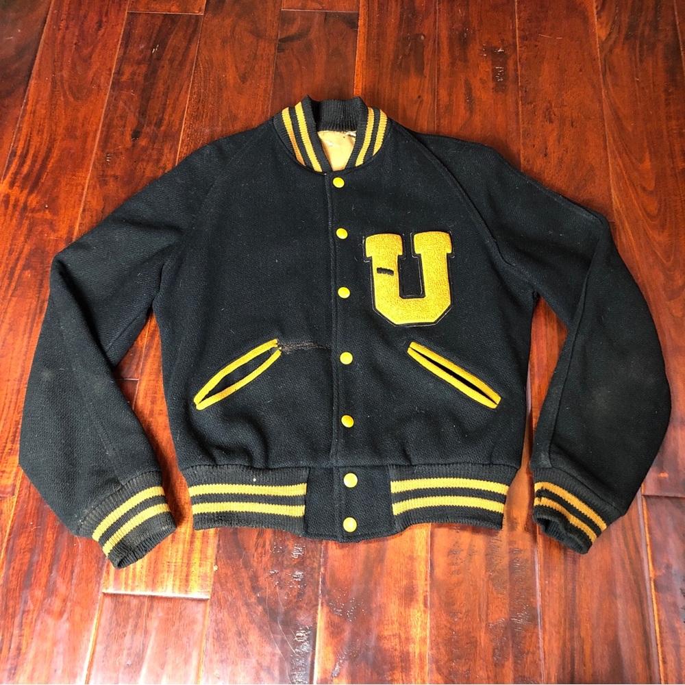 50s Black Gold Wool Letterman Varsity Jacket Distressed Athletic Satin Lining